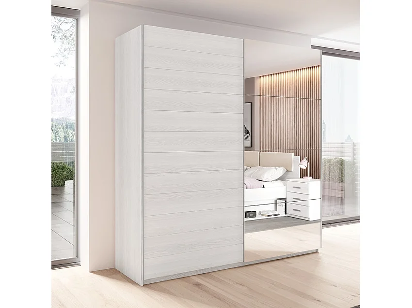 Armario color roble blanco con 2 puertas correderas y espejo 200x61x210 Dailie