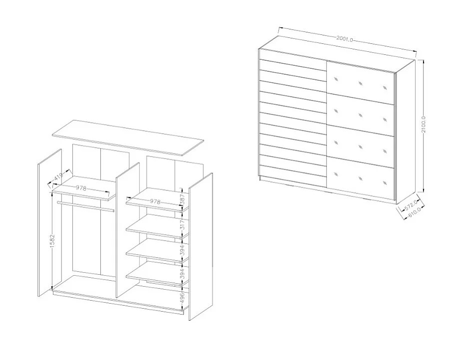 Armario color roble blanco con 2 puertas correderas y espejo 200x61x210 Dailie