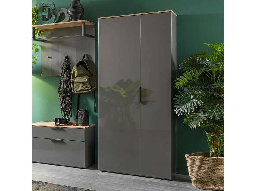 Mueble de entrada multiusos 2 puertas diseño moderno madera gris Konrad