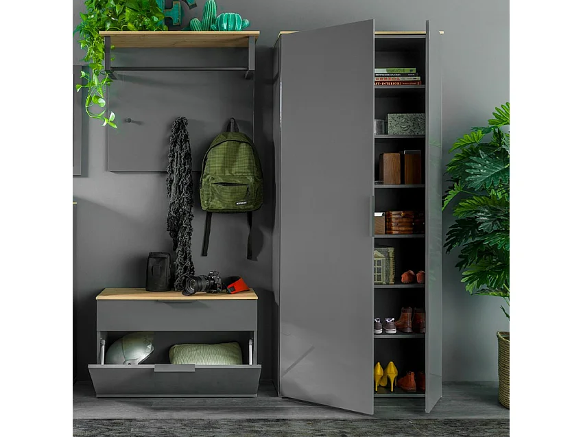 Mueble de entrada multiusos 2 puertas diseño moderno madera gris Konrad