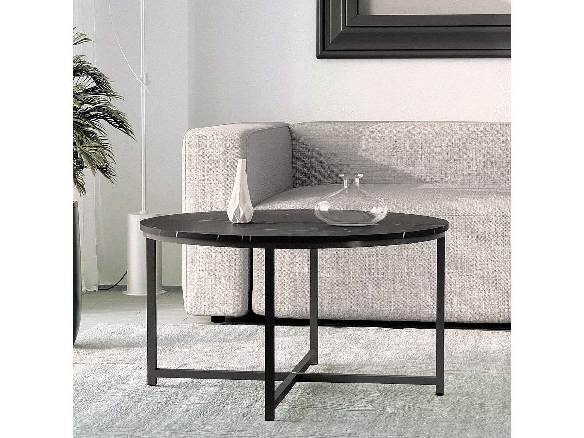 Mesa de centro redonda para el salón 80cm con tapa efecto mármol Granato - Negro