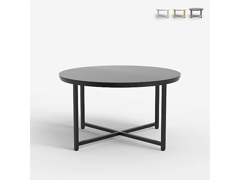 Tavolino da caffè salotto rotondo 80cm con piano effetto marmo Granato - Nero