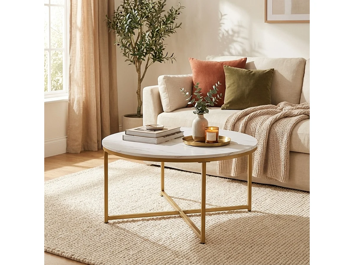 Mesa de centro redonda moderna de 90 cm de metal y efecto mármol Sulley+ - Cobre