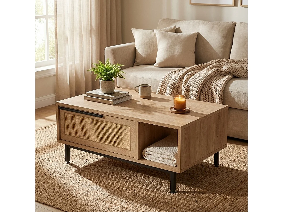 Mesa de centro 90x60 cm de madera con compartimento y puerta abatible efecto ratán Micheau