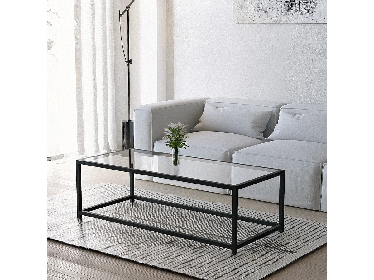 Mesa de centro rectangular de metal con tablero de cristal Berillo - Negro