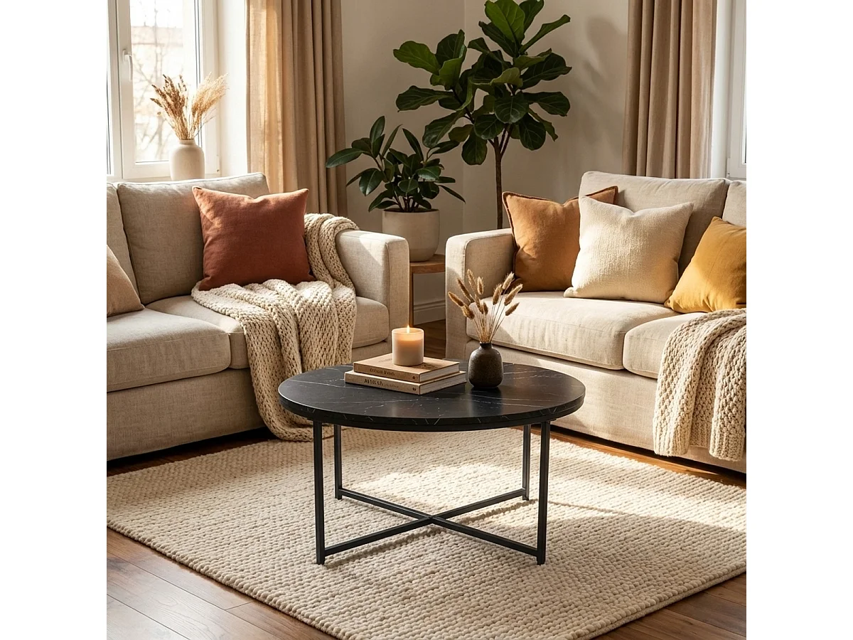 Tavolino da salotto rotondo 80cm in metallo e piano effetto marmo Sulley - Nero