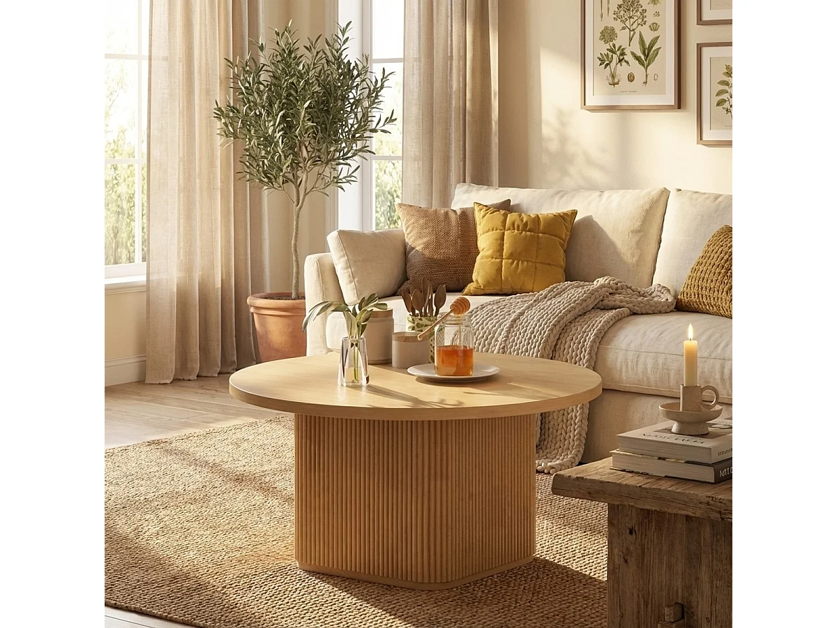 Tavolino da salotto in legno nero rotondo 80x45cm scanalato Vaik - Legno Naturale