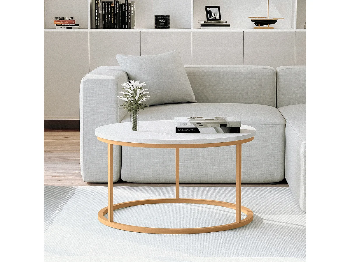 Mesa de centro redonda de 80 cm efecto mármol moderna Ossidiana - Oro