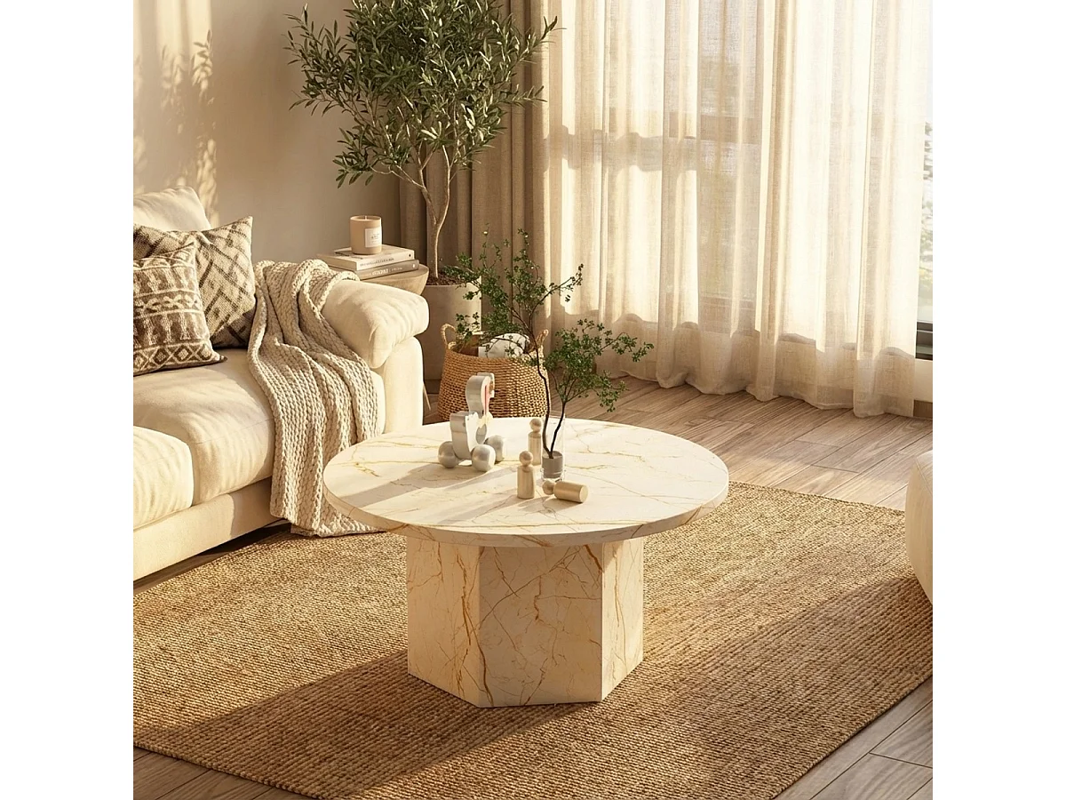 Couchtisch Marmor-Effekt 80cm modern rund niedrig Deki