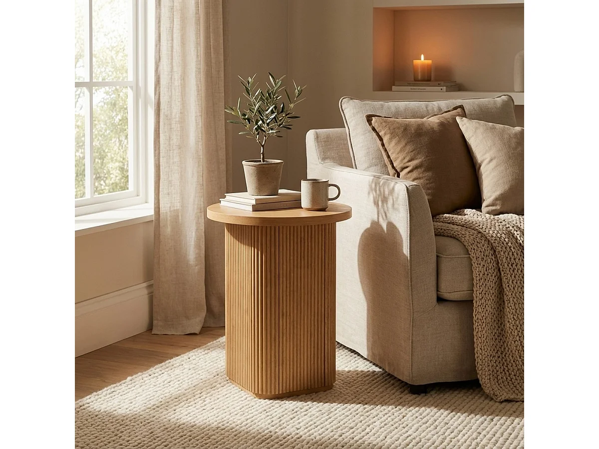 Couchtisch 45x55cm rund Wohnzimmer gerilltes Holz schwarz Quid - Natur