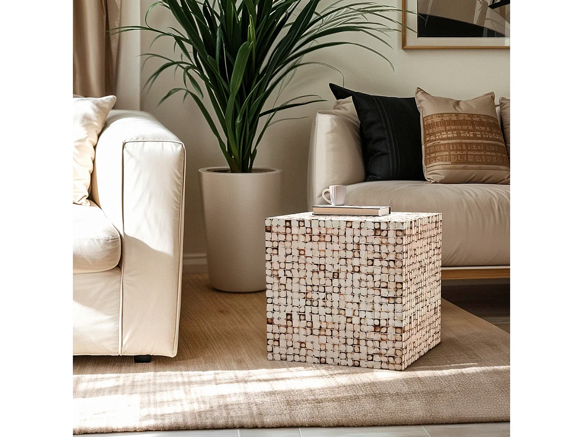 Tavolino quadrato da salotto contemporaneo in legno intarsiato Manju - Bianco