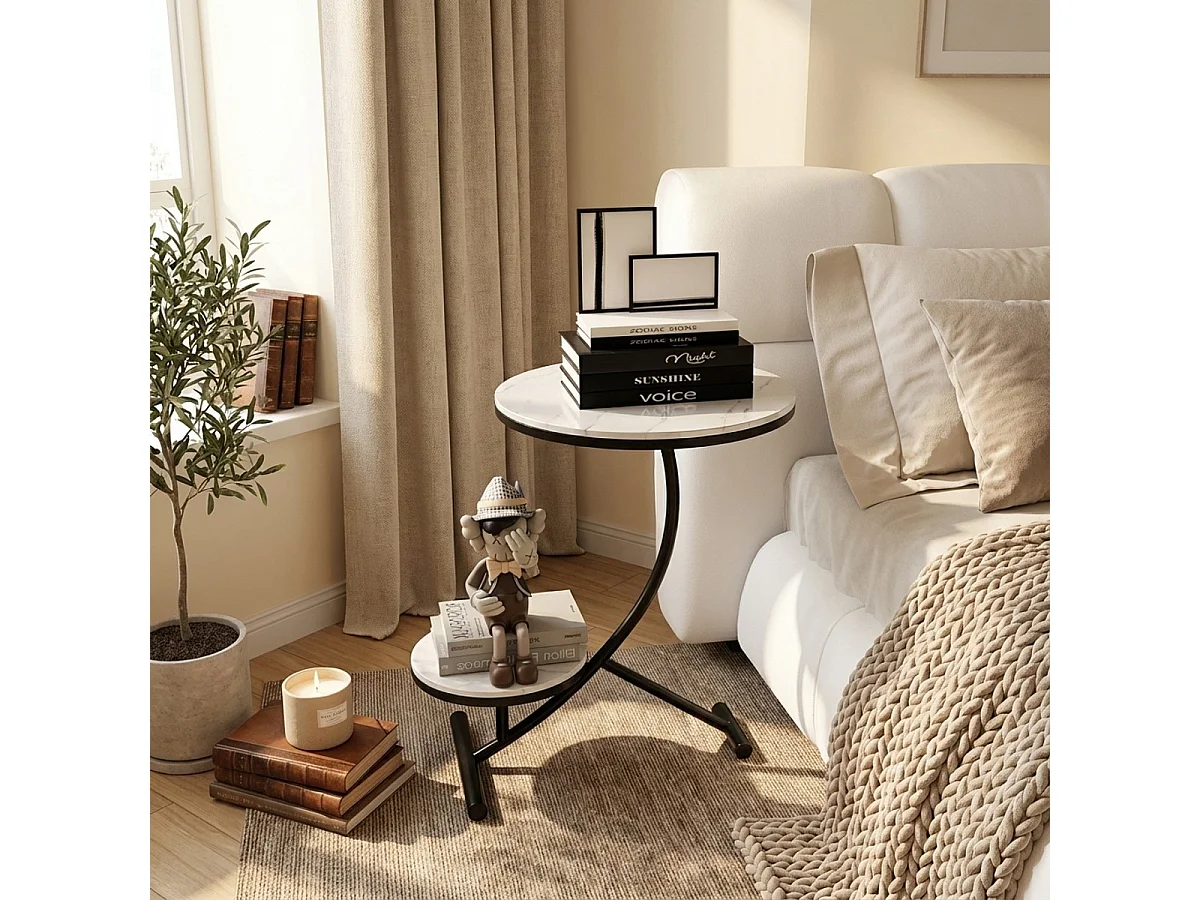 Couchtisch Metall und Marmor Design mit 2 Ablagen 50x50cm Marpes XL - Weiß