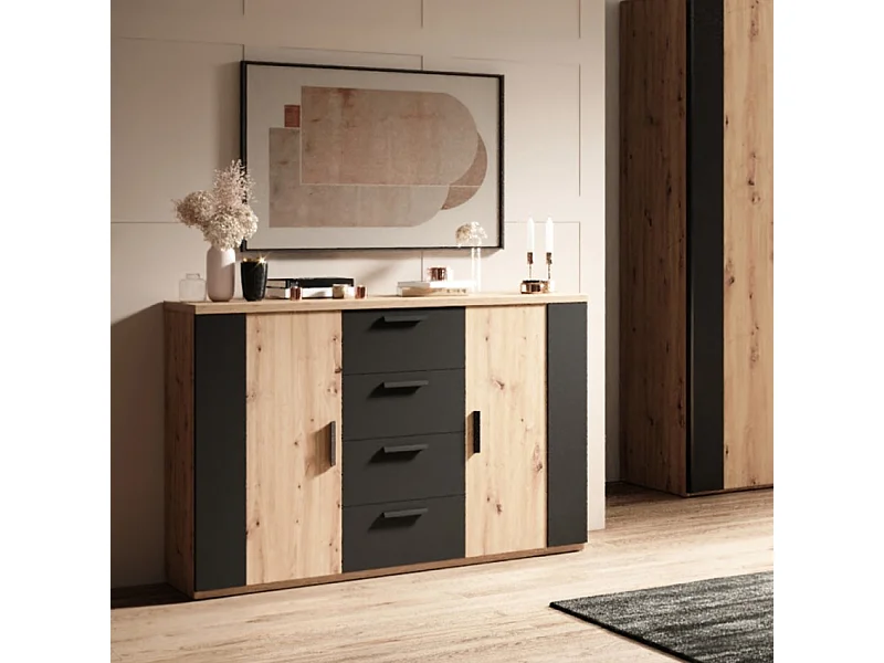 Aparador cómoda de madera de roble natural con 2 puertas y 4 cajones color negro Gael