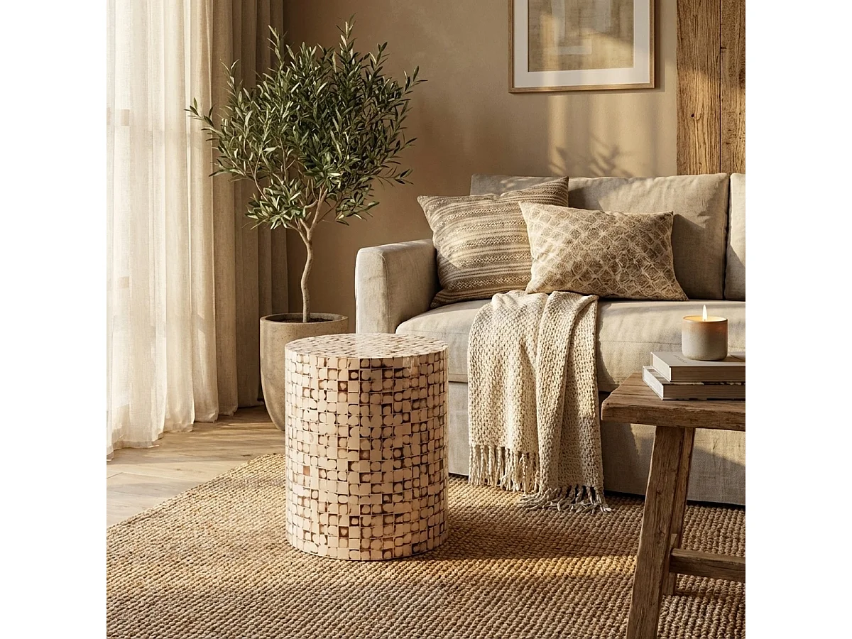 Tavolino a cilindro in legno intarsiato da salotto contemporaneo Hadi - Bianco