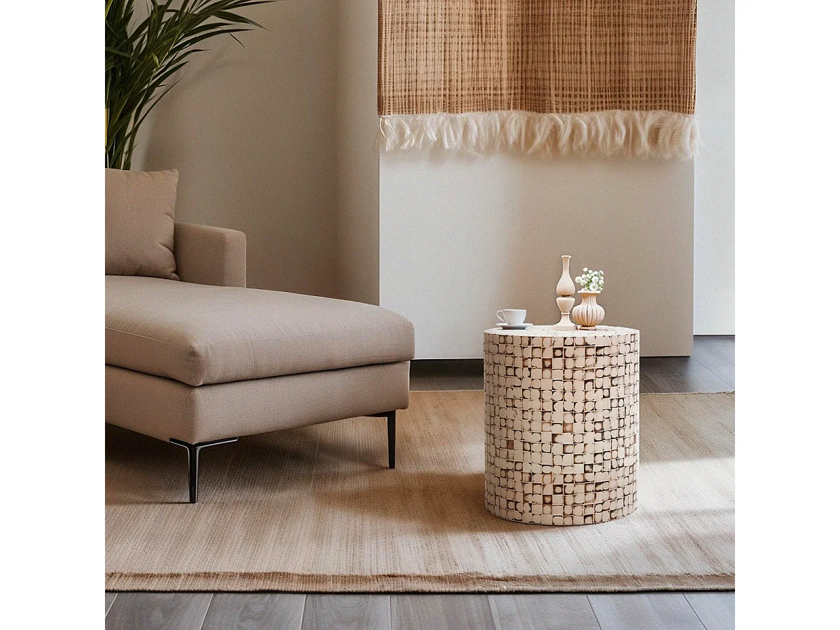 Table basse en bois incrusté salon contemporain effet mosaïque Hadi - Blanc
