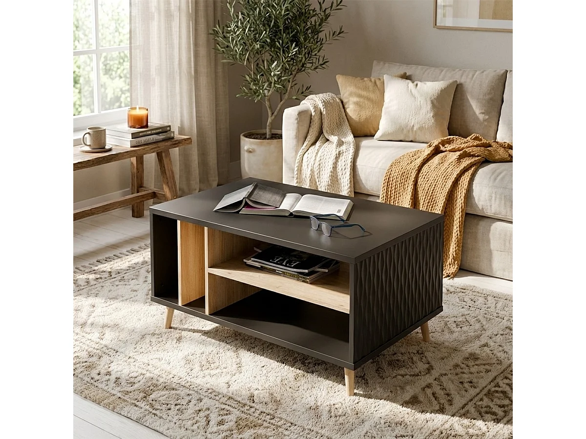 Mesa de centro moderna roble y negro con compartimentos 90x49x60 Fixsmile