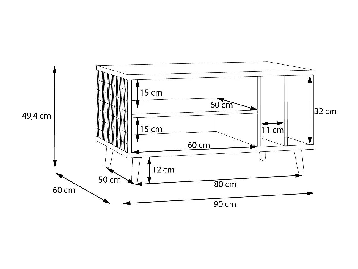 Mesa de centro moderna roble y negro con compartimentos 90x49x60 Fixsmile
