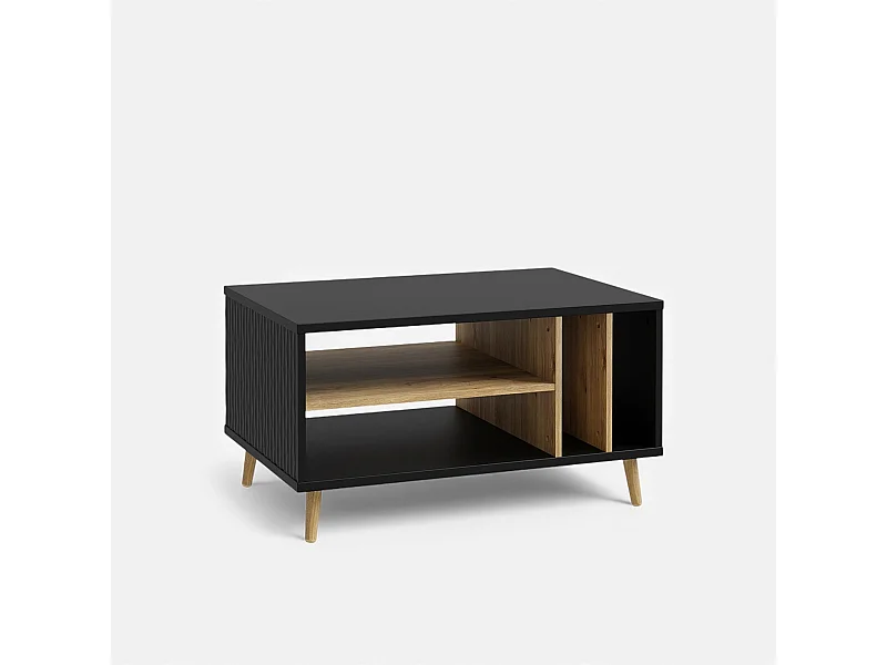 Mesa de centro moderna roble y negro con compartimentos 90x49x60 Fixsmile