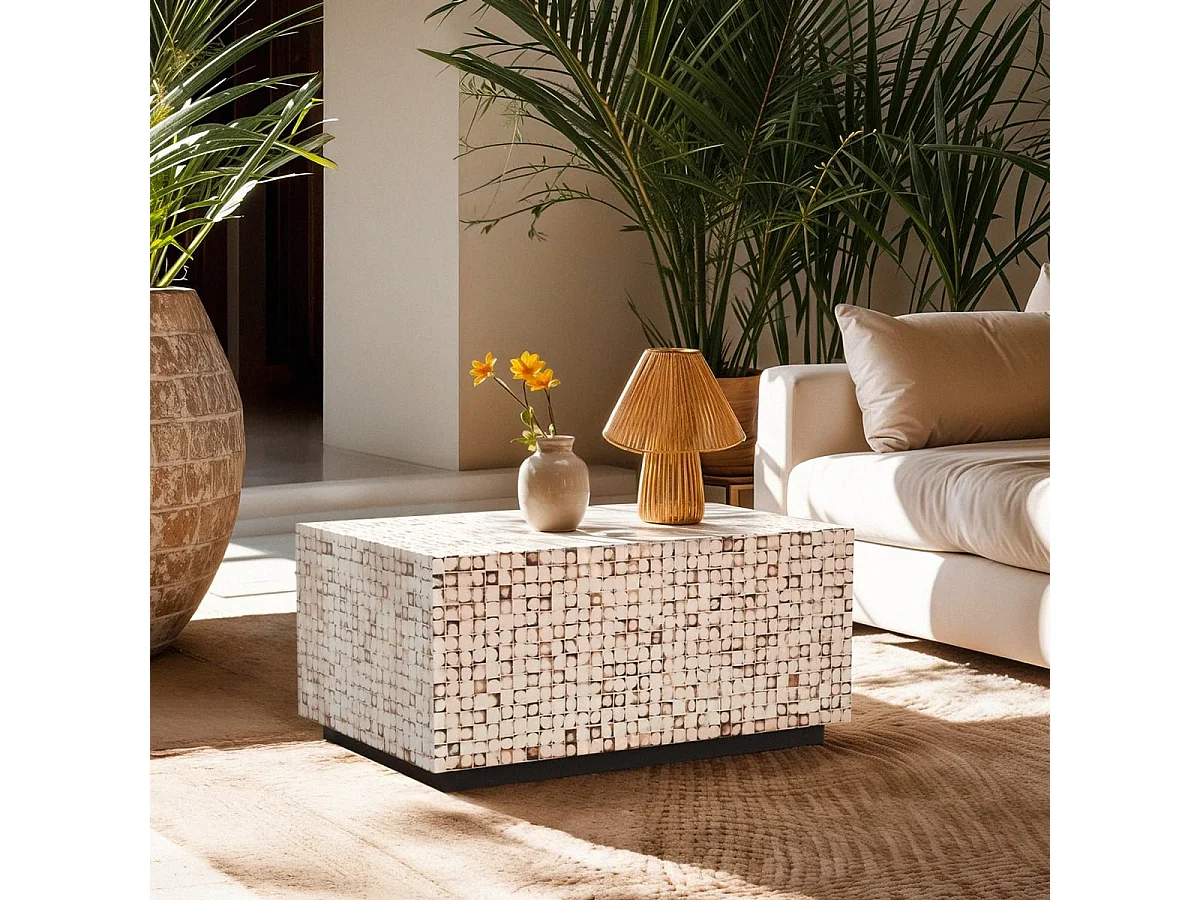 Table basse rectangulaire en bois artisanal incrusté Kala