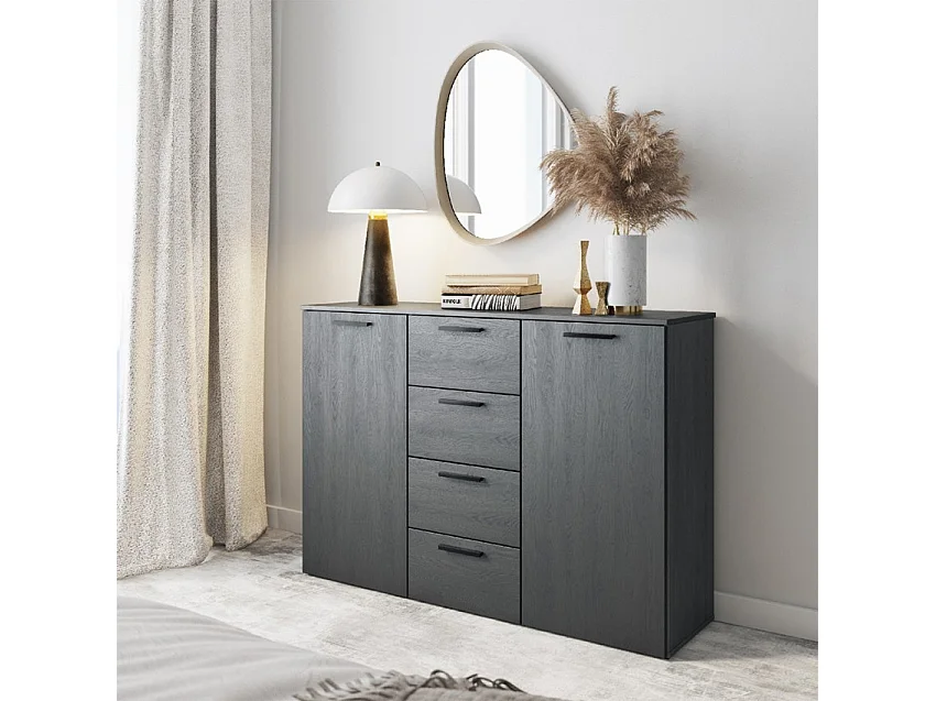 Cómoda negra para dormitorio con 4 cajones y 2 puertas 132x38x93 Lyssa