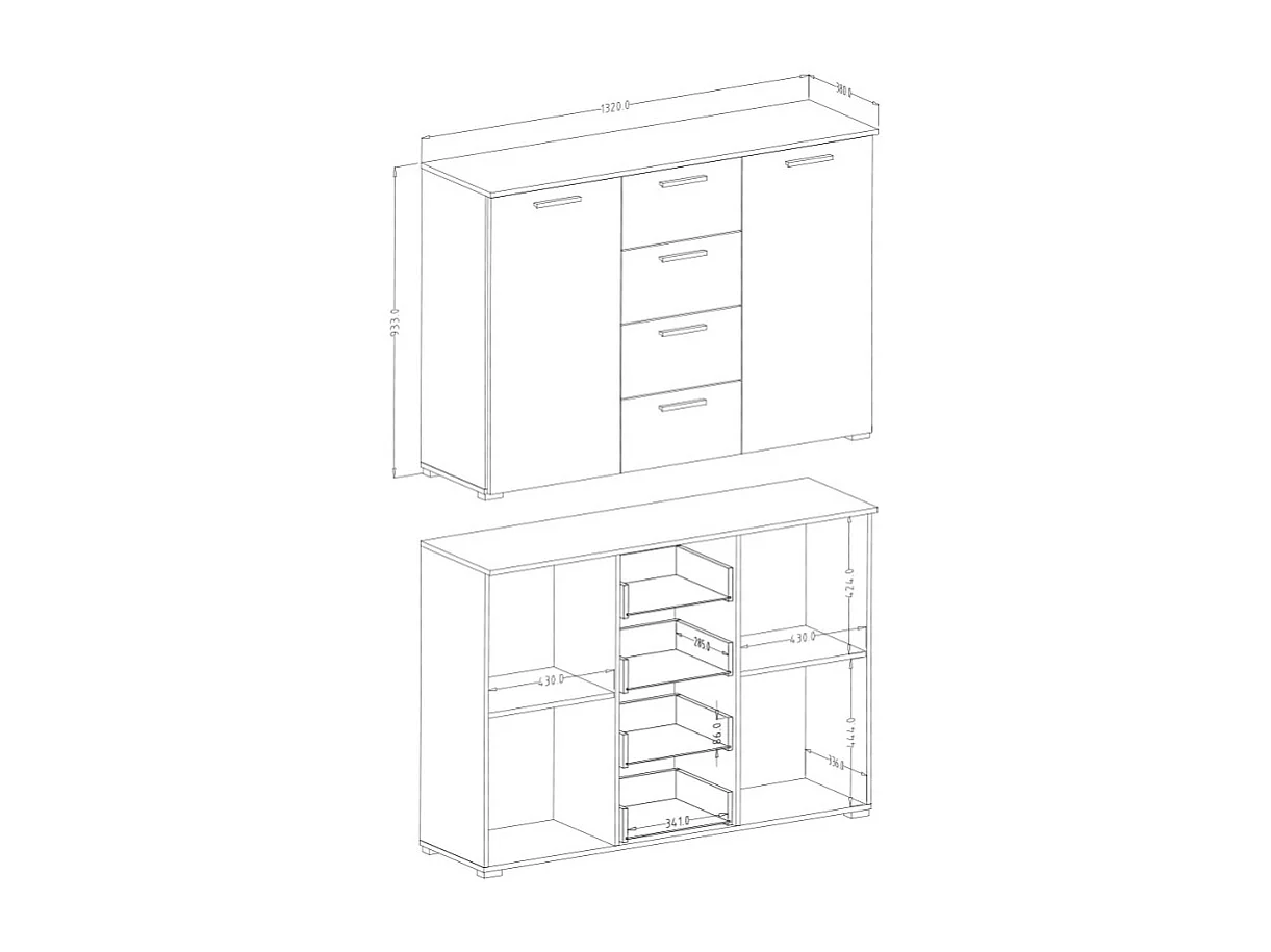 Cómoda negra para dormitorio con 4 cajones y 2 puertas 132x38x93 Lyssa
