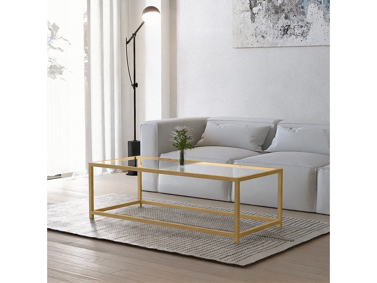 Mesa de centro rectangular de metal con tablero de cristal Berillo - Oro