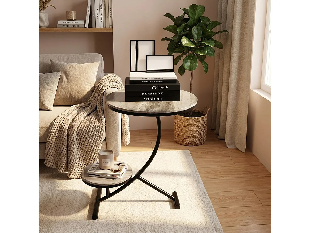 Couchtisch Metall und Marmor Design mit 2 Ablagen 50x50cm Marpes XL - Grau