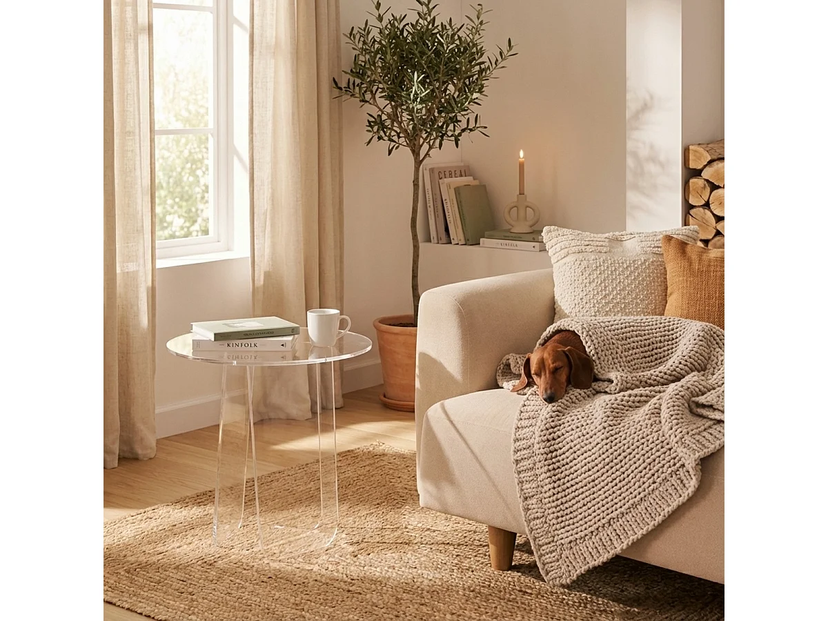 Tavolino da salotto trasparente rotondo 45cm design moderno Bridget