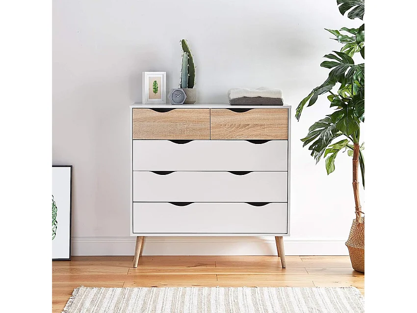Moderne skandinavische Kommode weiß Eiche 5 Schubladen Kiricap.