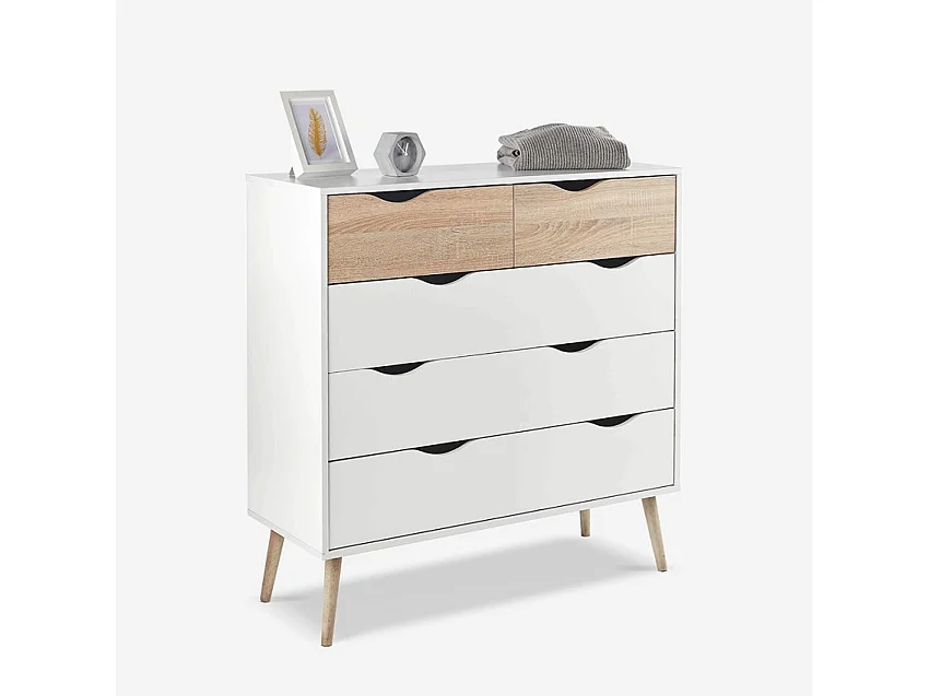 Cómoda moderna estilo escandinavo blanco roble 5 cajones Kiricap