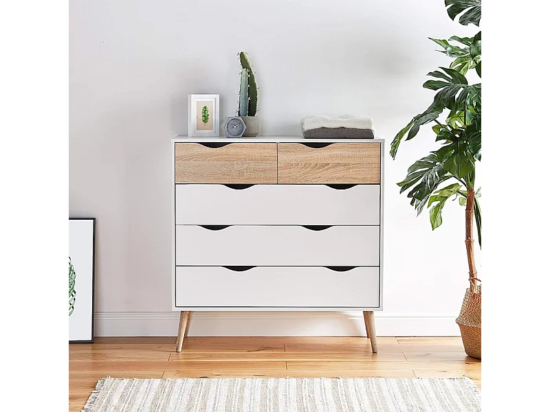 Moderne skandinavische Kommode weiß Eiche 5 Schubladen Kiricap.
