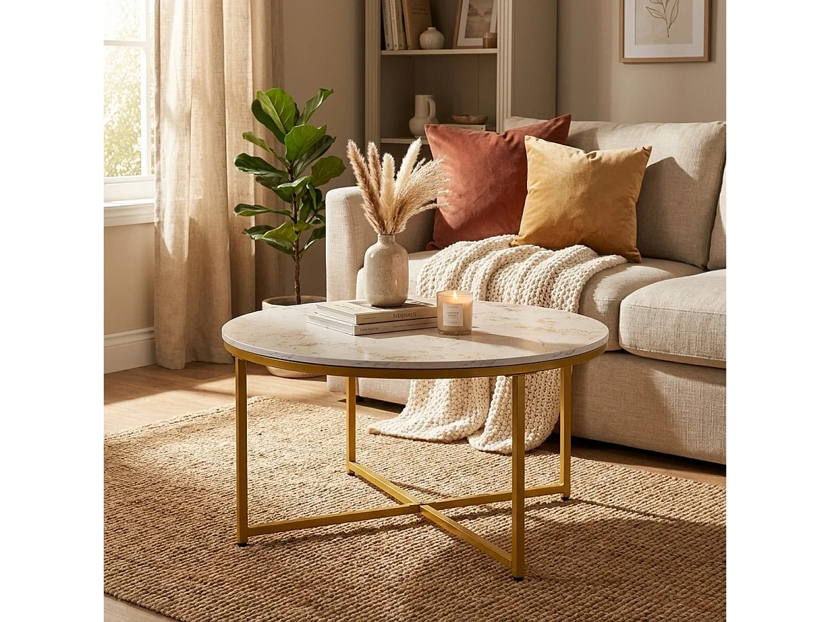 Mesa de centro redonda moderna de 90 cm de metal y efecto mármol Sulley+ - Oro