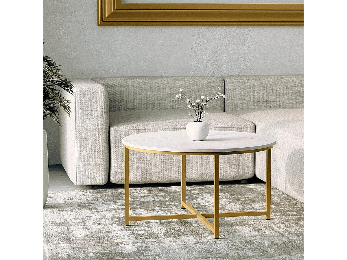 Mesa de centro redonda para el salón 80cm con tapa efecto mármol Granato - Oro