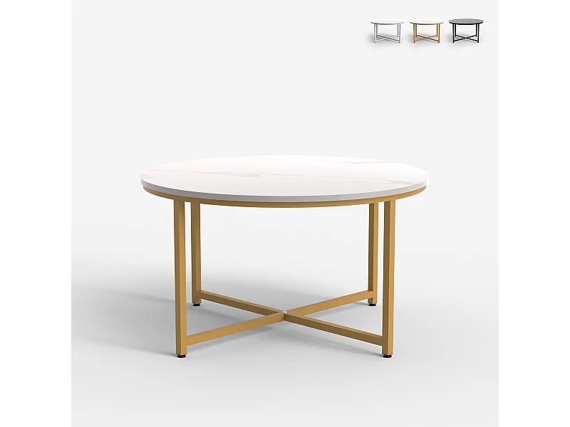 Mesa de centro redonda para el salón 80cm con tapa efecto mármol Granato - Oro