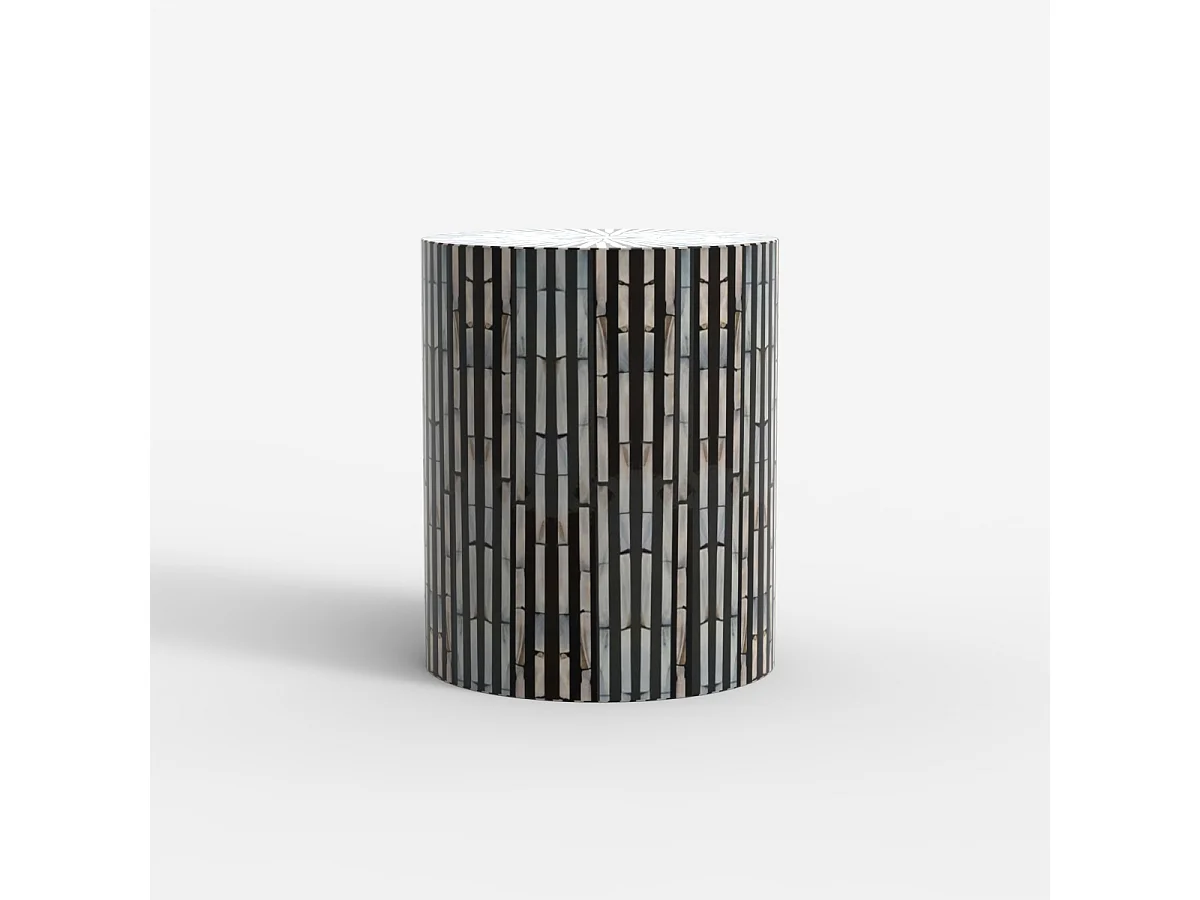 Tavolino cilindrico da salotto intarsiato in madreperla bianco nero Ulan