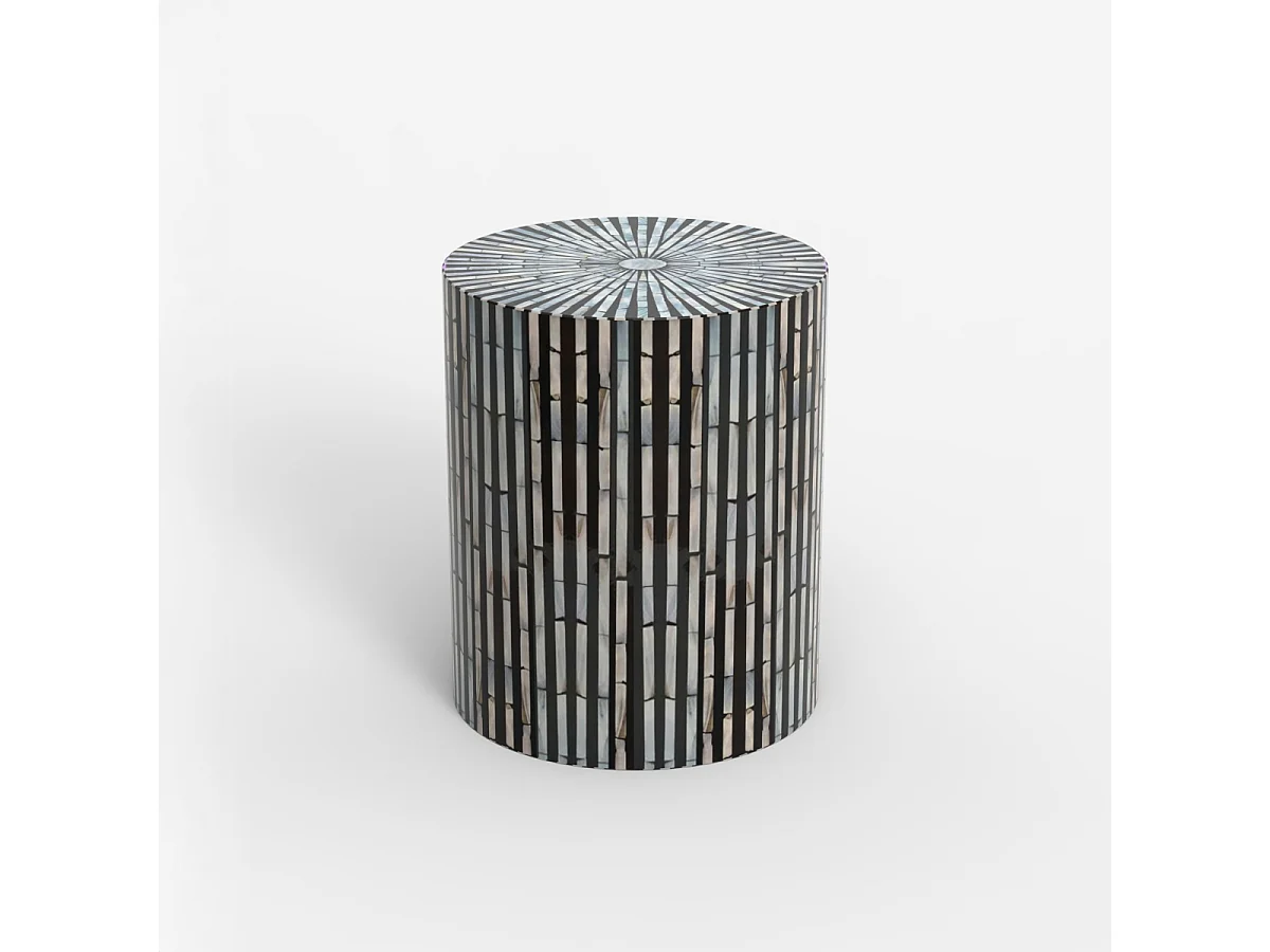 Table basse cylindrique incrustée de nacre blanche noire Ulan