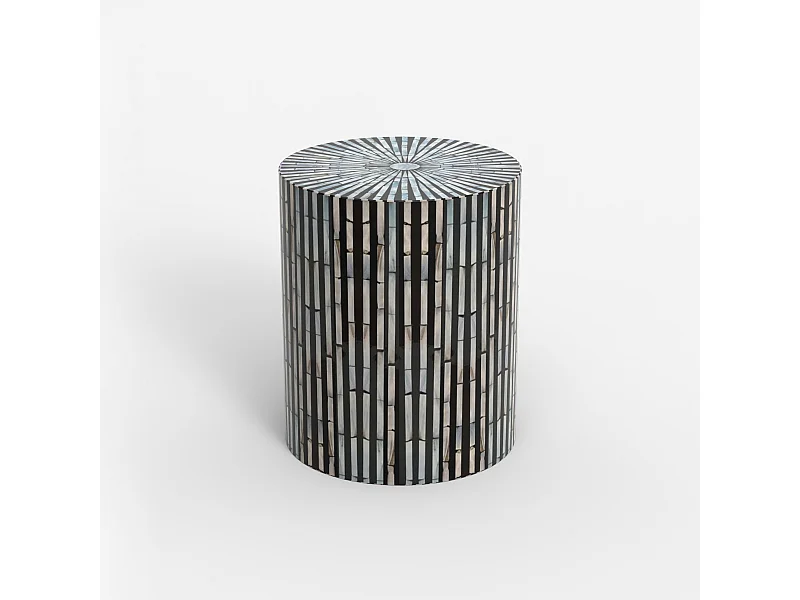 Table basse cylindrique incrustée de nacre blanche noire Ulan