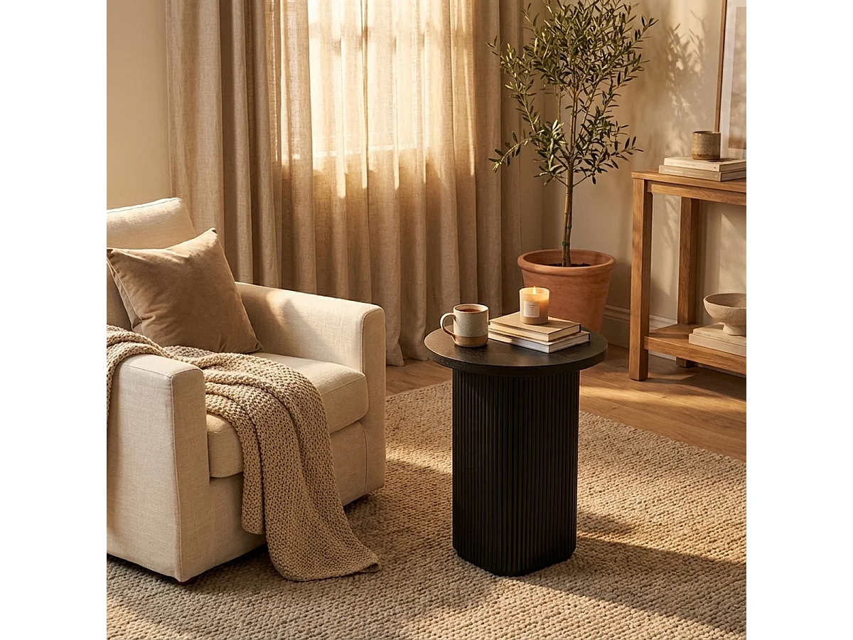 Couchtisch 45x55cm rund Wohnzimmer gerilltes Holz schwarz Quid - Schwarz