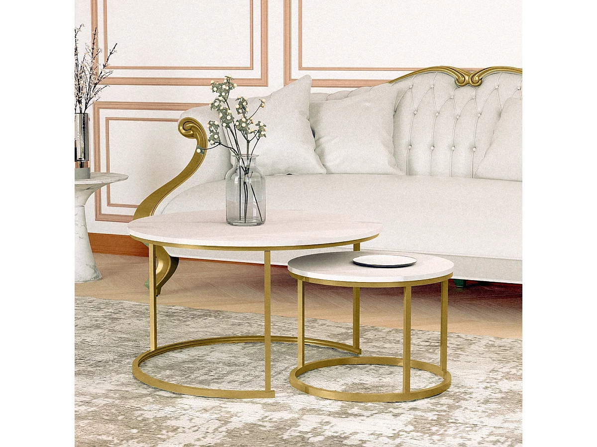 Set 2 tavolini da salotto effetto marmo bianco e metallo dorato Malachite