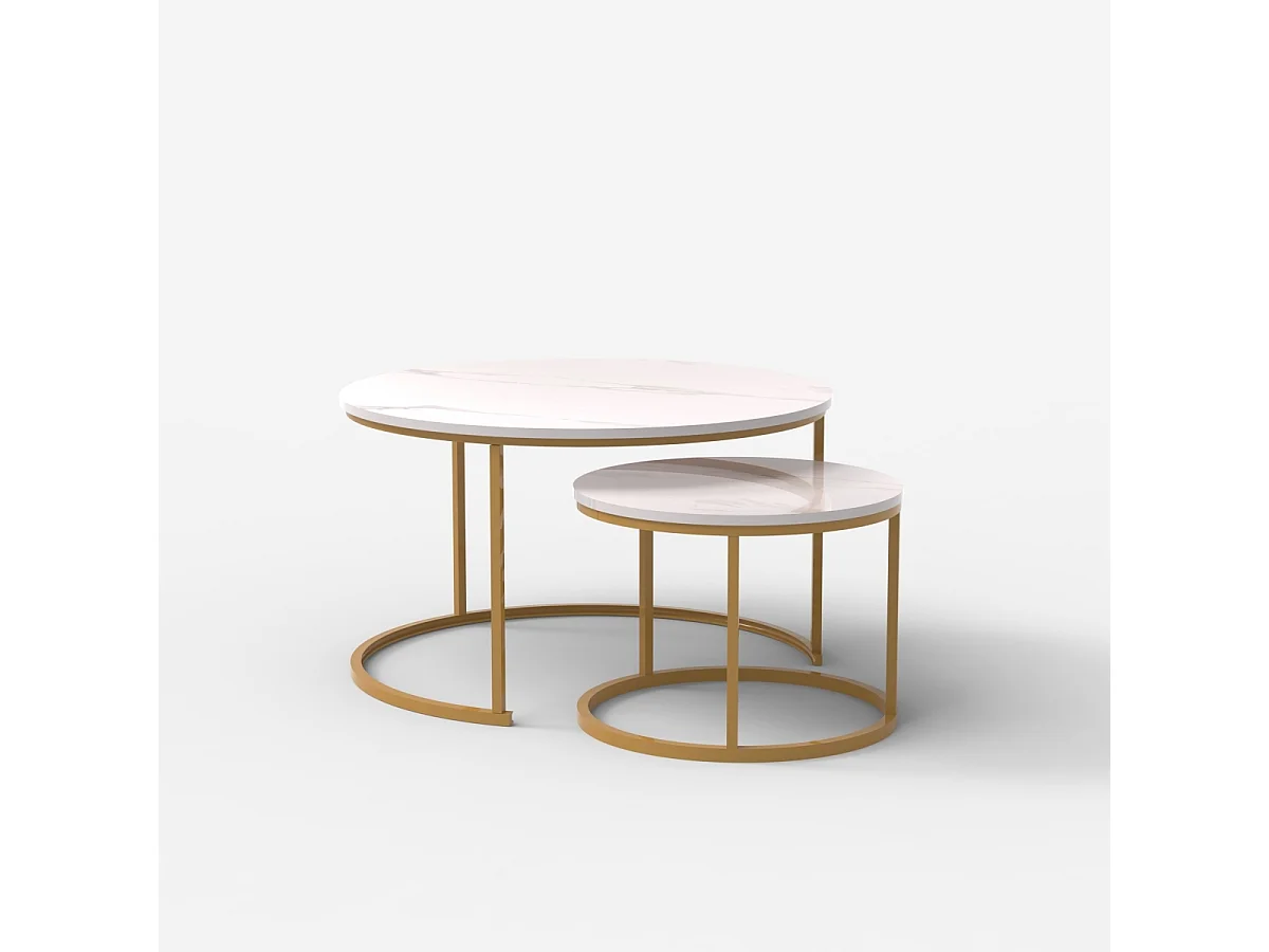 Set 2 tavolini da salotto effetto marmo bianco e metallo dorato Malachite