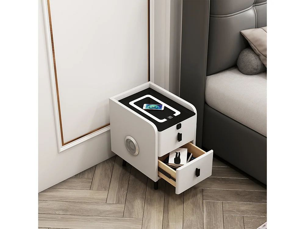 Weißer Nachttisch mit LED-Licht und kabelloser Ladefunktion Tainy