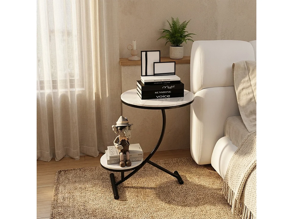 Eleganter Couchtisch mit 2 runden Marmorböden 45x50cm Marpes L - Weiß