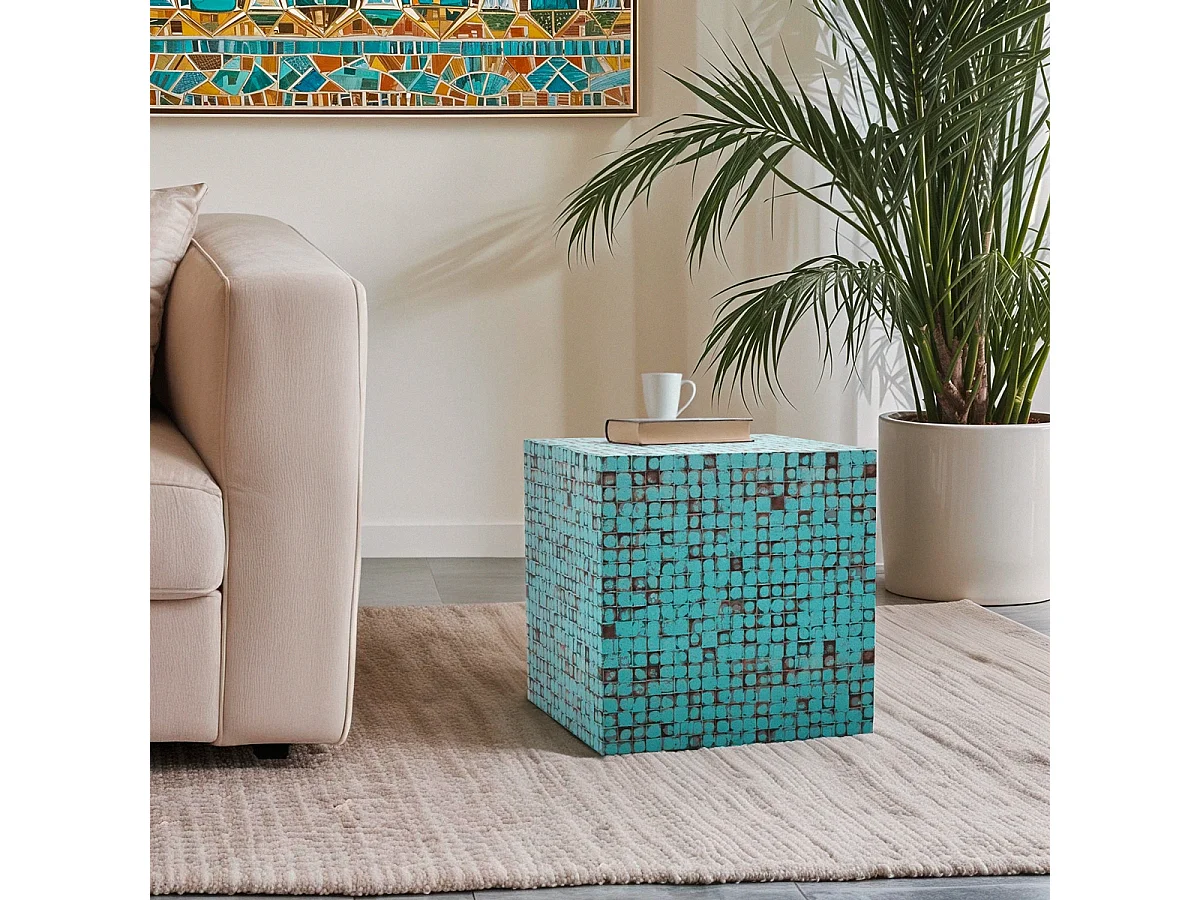Table basse carrée contemporaine en bois incrusté Manju - Turquoise