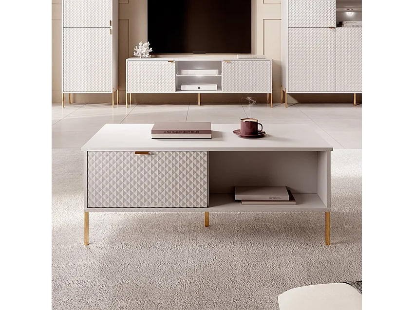 Mesa centro auxiliar para el salón con 2 puertas y receptáculo color blanco y dorado Oviedo