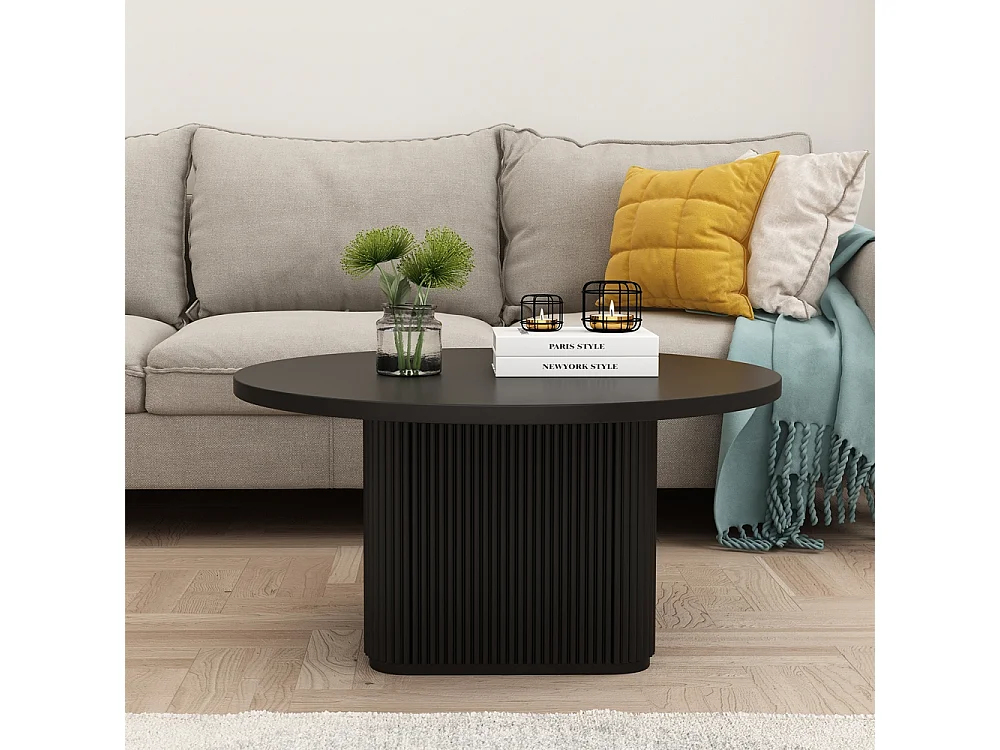 Tavolino da salotto in legno nero rotondo 80x45cm scanalato Vaik - Nero