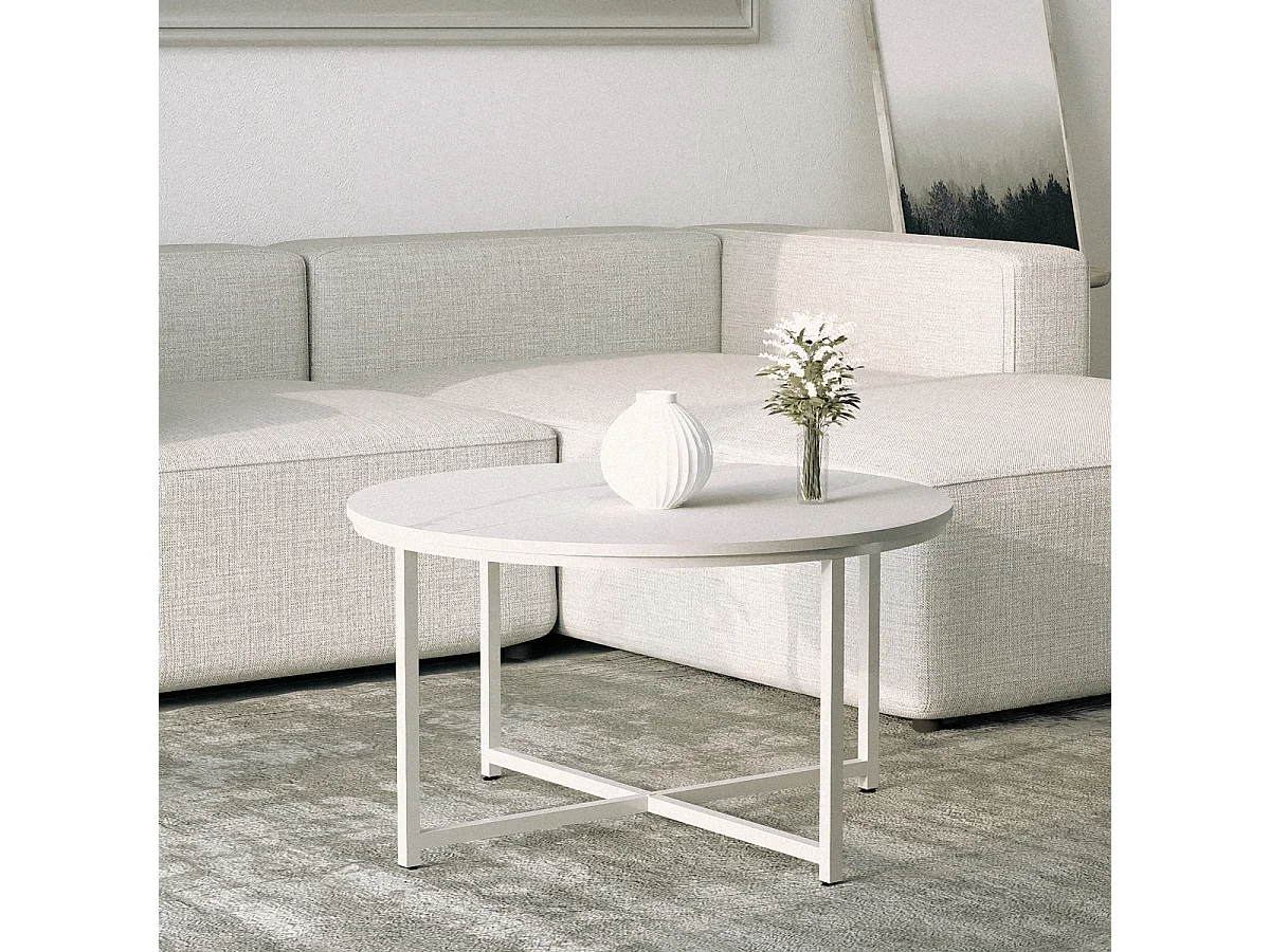 Mesa de centro redonda para el salón 80cm con tapa efecto mármol Granato - Blanco