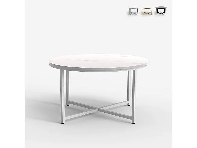 Tavolino da caffè salotto rotondo 80cm con piano effetto marmo Granato - Bianco