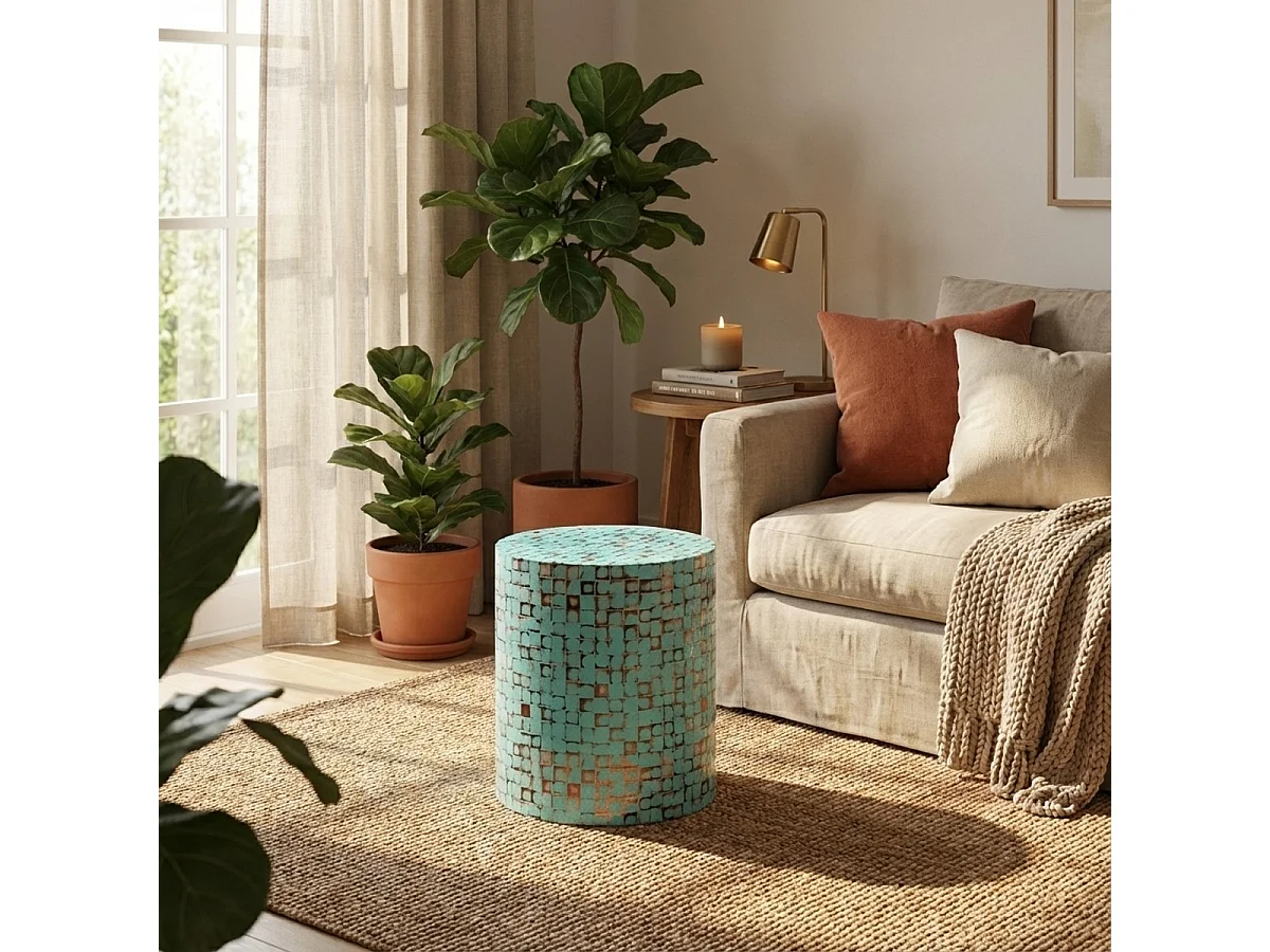 Tavolino a cilindro in legno intarsiato da salotto contemporaneo Hadi - Azzurro