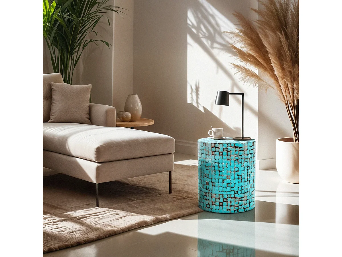 Table basse en bois incrusté salon contemporain effet mosaïque Hadi - Turquoise