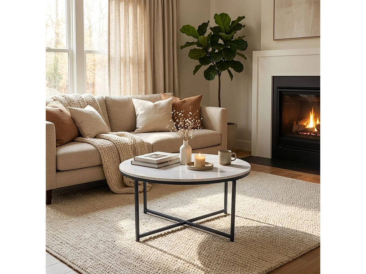 Tavolino da salotto rotondo 80cm in metallo e piano effetto marmo Sulley - Bianco